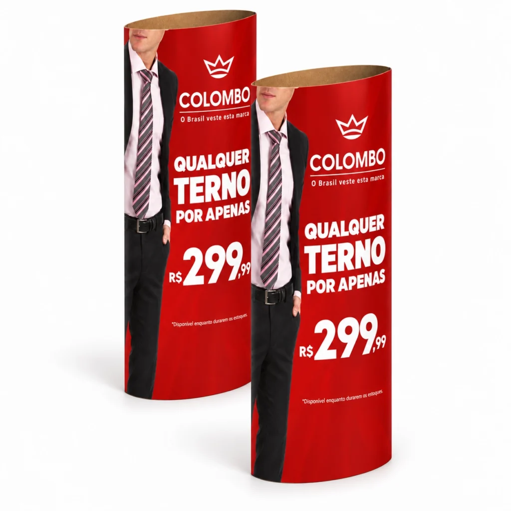 Totem elíptico personalizado com estampa da marca Colombo