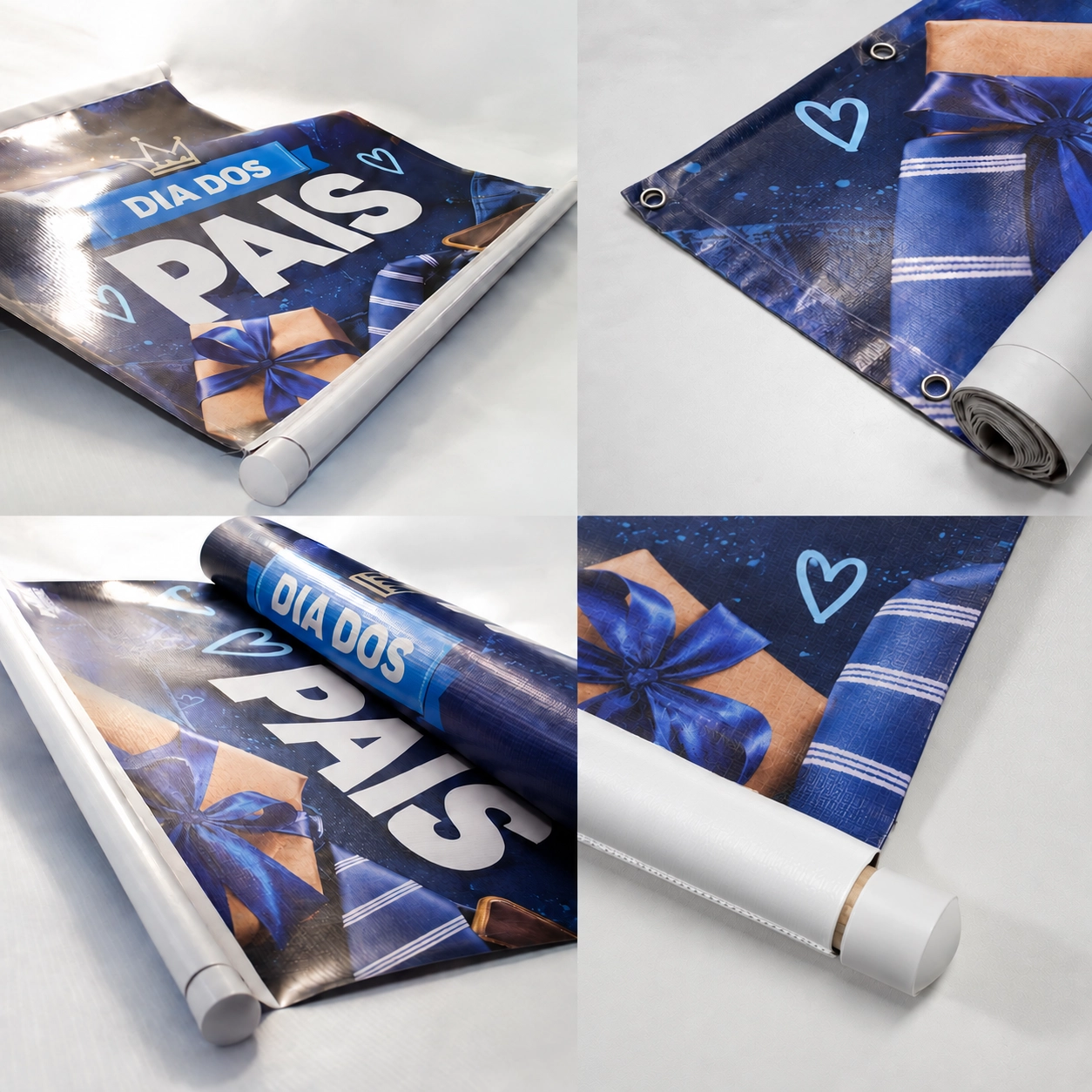 Acabamentos de banner em lona: bastão e ponteiras brancas, ilhós metálicos nos cantos e bainha reforçada, em banner impresso de Dia dos Pais