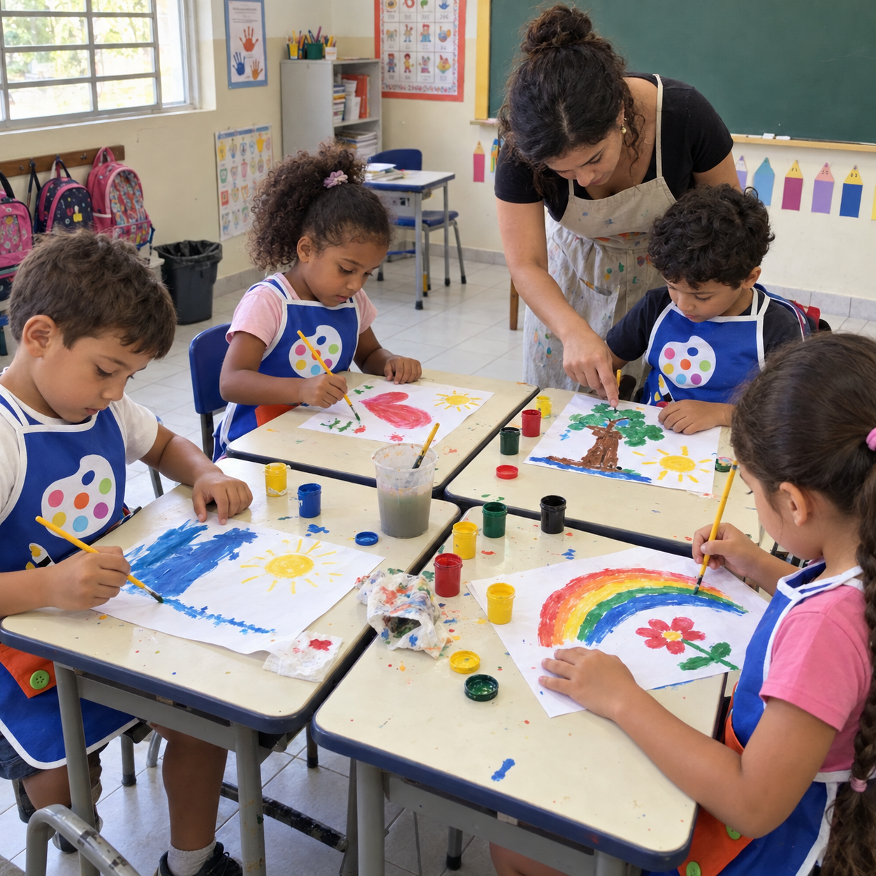 Avental infantil personalizado azul com paleta de tintas usado por crianças pintando em aula de artes na escola, com a professora orientando