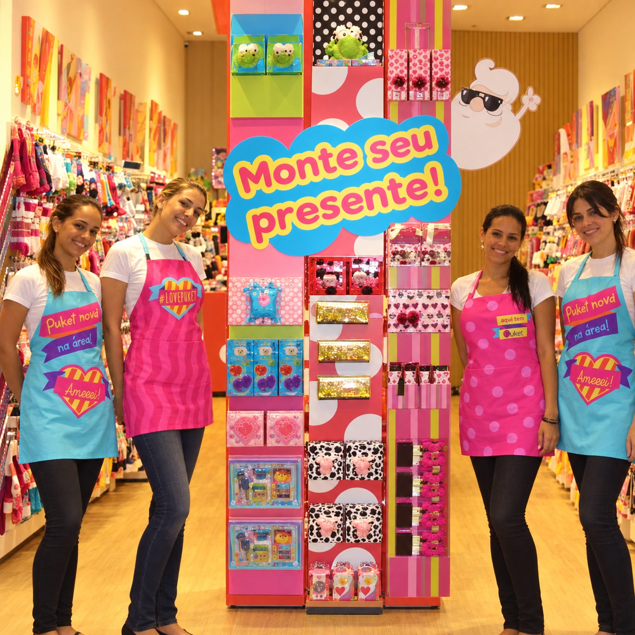 Avental personalizado da Puket usado por atendentes na loja, aventais azul e rosa com estampas Puket nova na área, #LovePuket e aqui tem Puket
