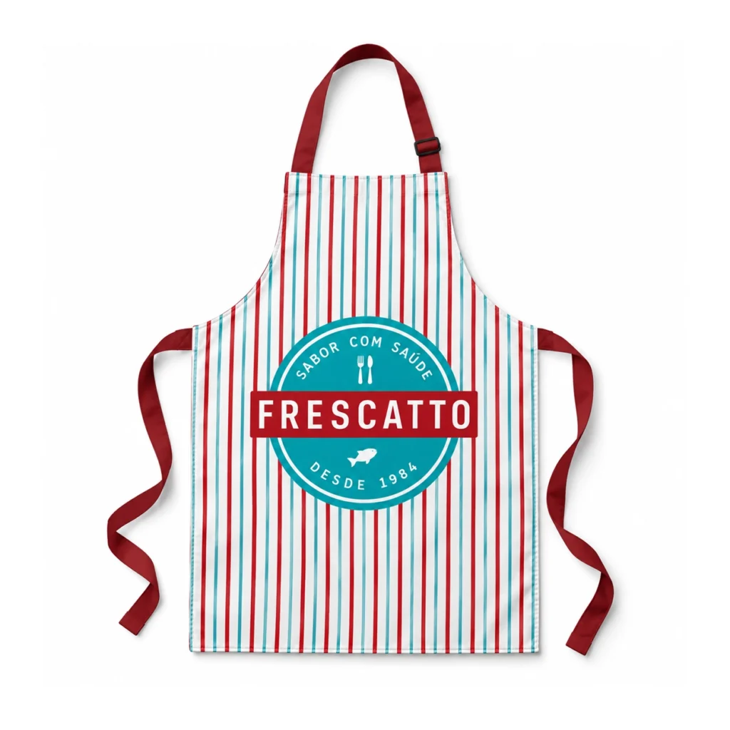 Avental personalizado Frescatto listrado em vermelho, azul e branco com logo redondo Frescatto Sabor com saúde desde 1984, alças e cordões vinho