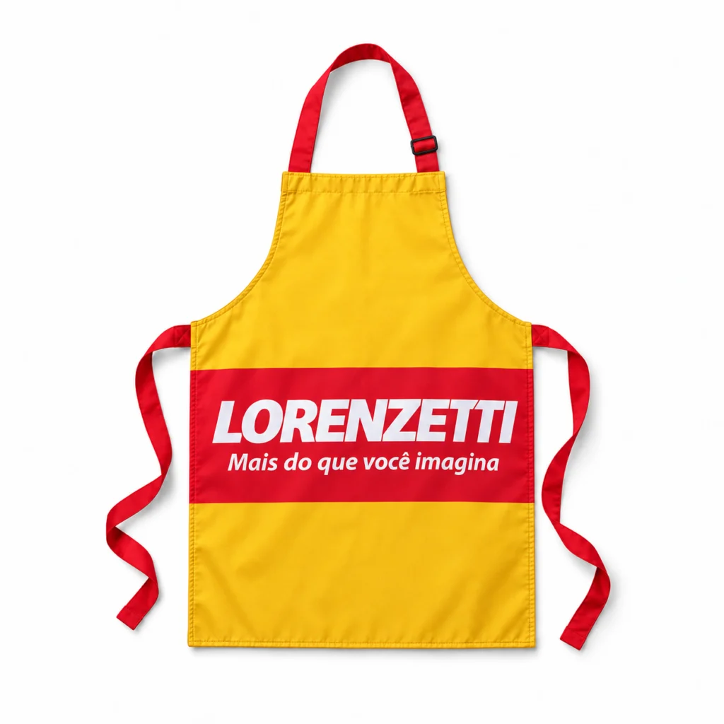 Avental personalizado Lorenzetti amarelo com faixa vermelha central e logo Lorenzetti Mais do que você imagina, alças e cordões vermelhos