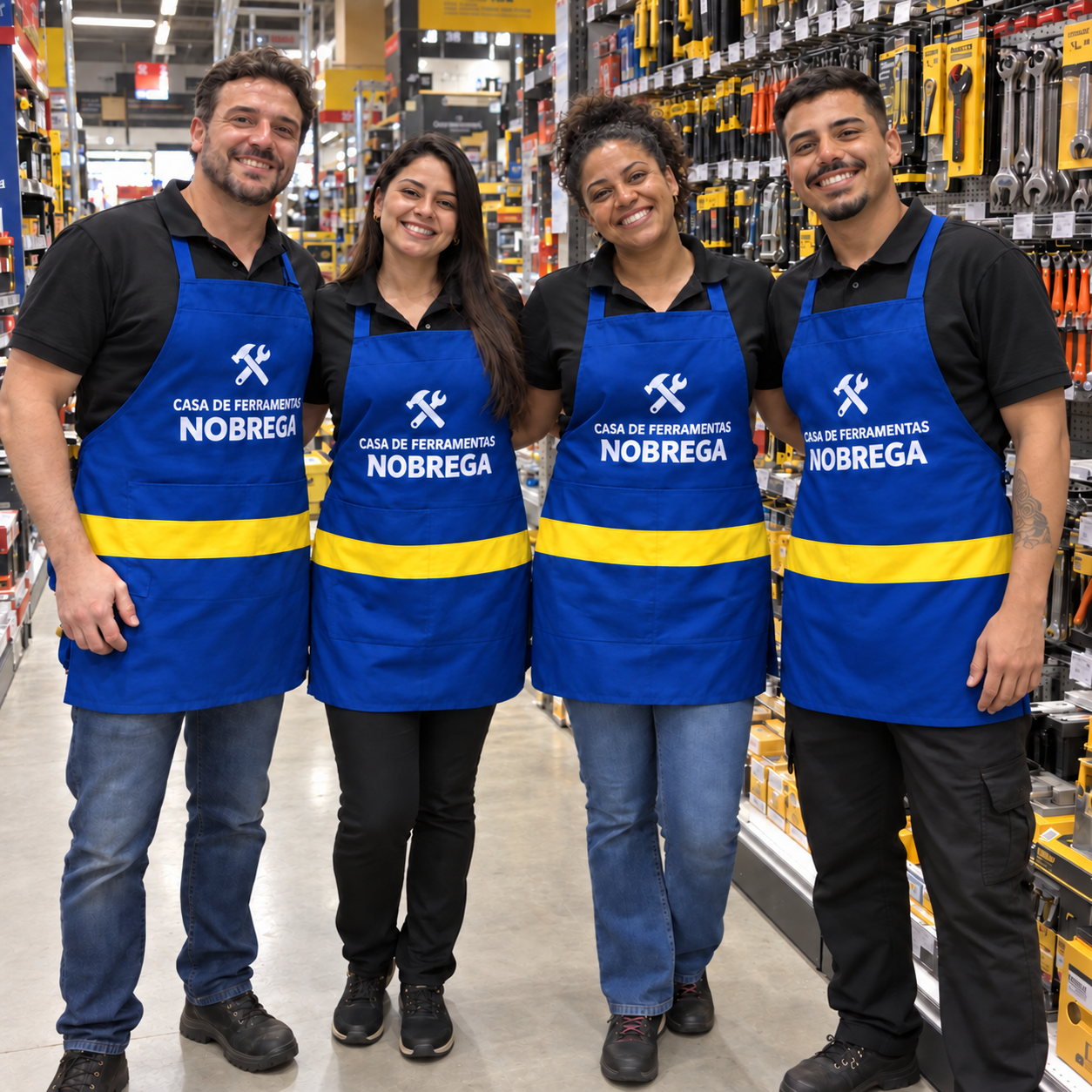 Avental personalizado para empresas: equipe da Casa de Ferramentas Nobrega com aventais azuis com faixa amarela e logo da loja, no corredor da loja