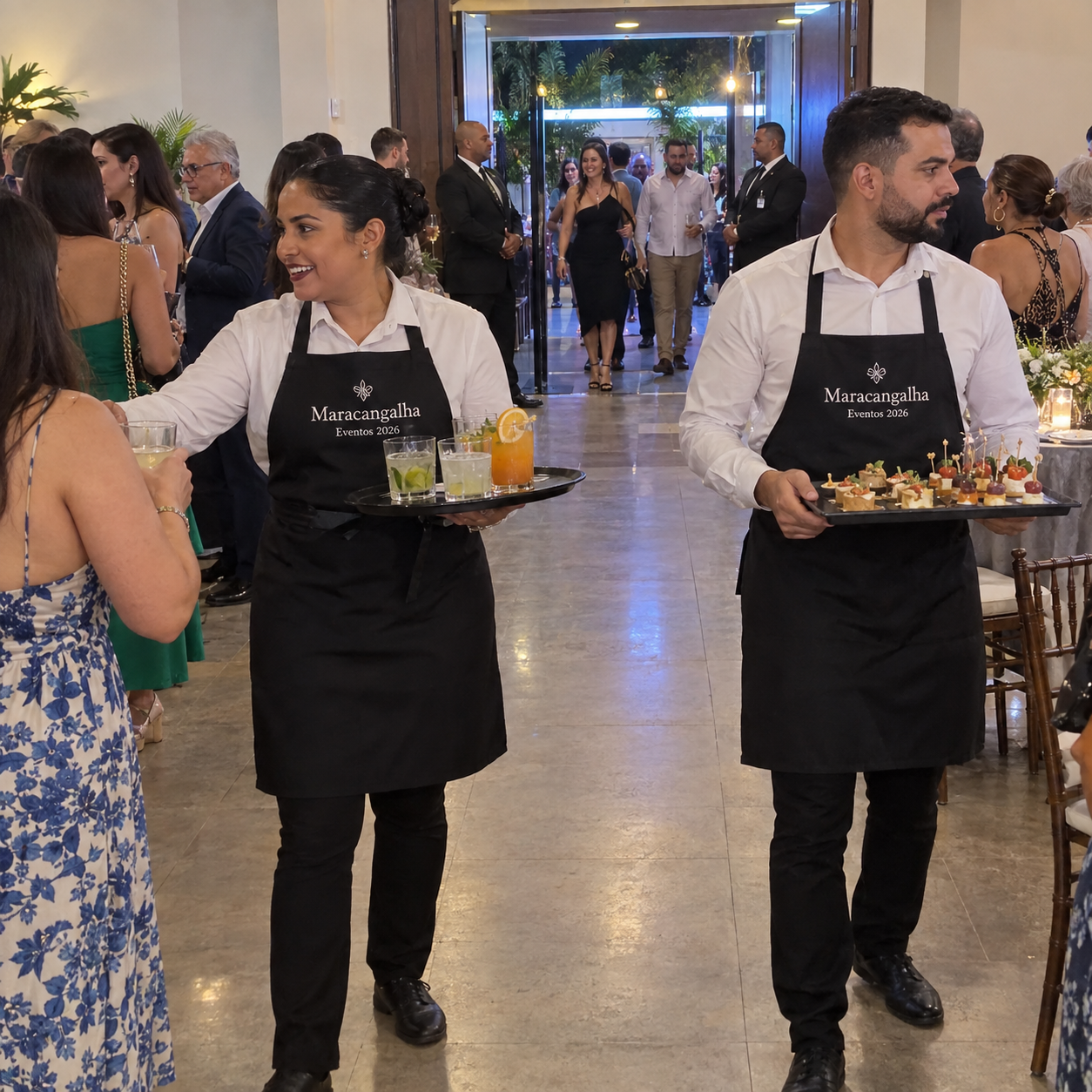 Avental personalizado para eventos: garçom e garçonete com aventais pretos Maracangalha Eventos 2026 servindo drinks e canapés em evento
