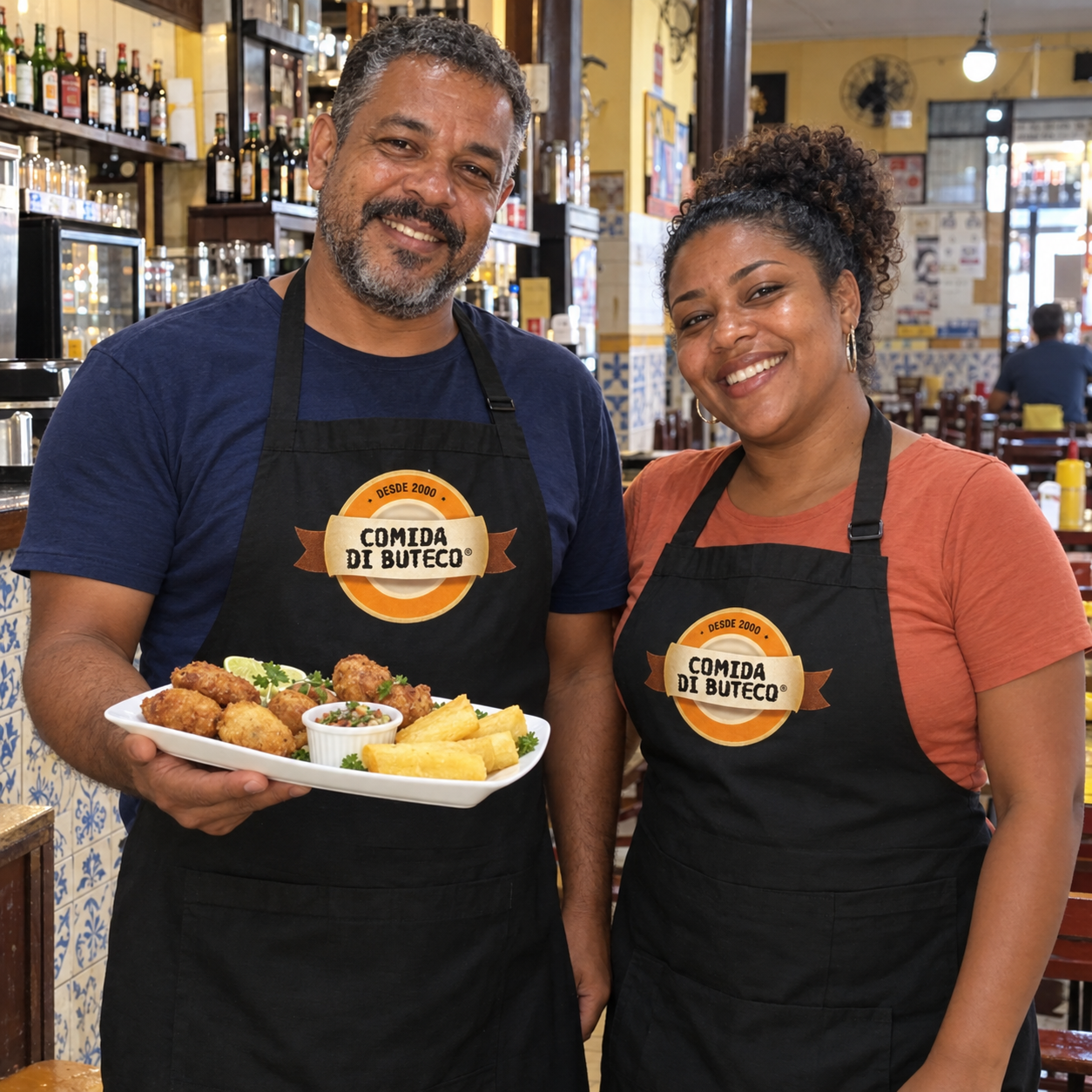 Avental personalizado para restaurantes: casal de atendentes do Comida di Buteco usando aventais pretos com a logo da casa, segurando porção de petiscos no balcão do bar