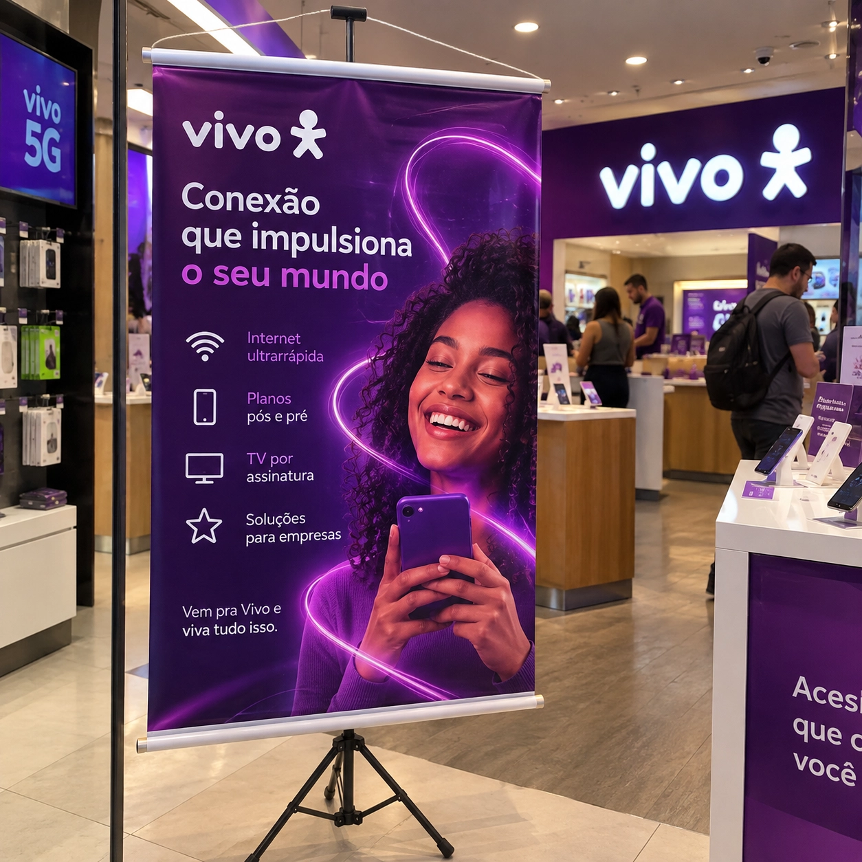Banner em lona com bastão, corda e tripé de piso em loja de telecomunicações, com arte em tons de roxo e foto de mulher sorrindo com celular