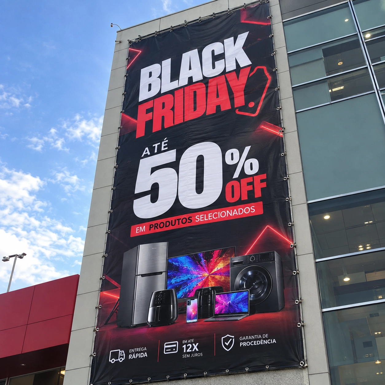 Banner em lona com ilhós esticado na fachada de um prédio comercial, com campanha de Black Friday em até 50% off