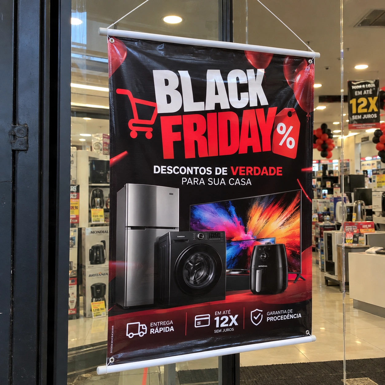 Banner em lona com bastão e corda pendurado na porta de vidro da entrada de uma loja, com campanha de Black Friday