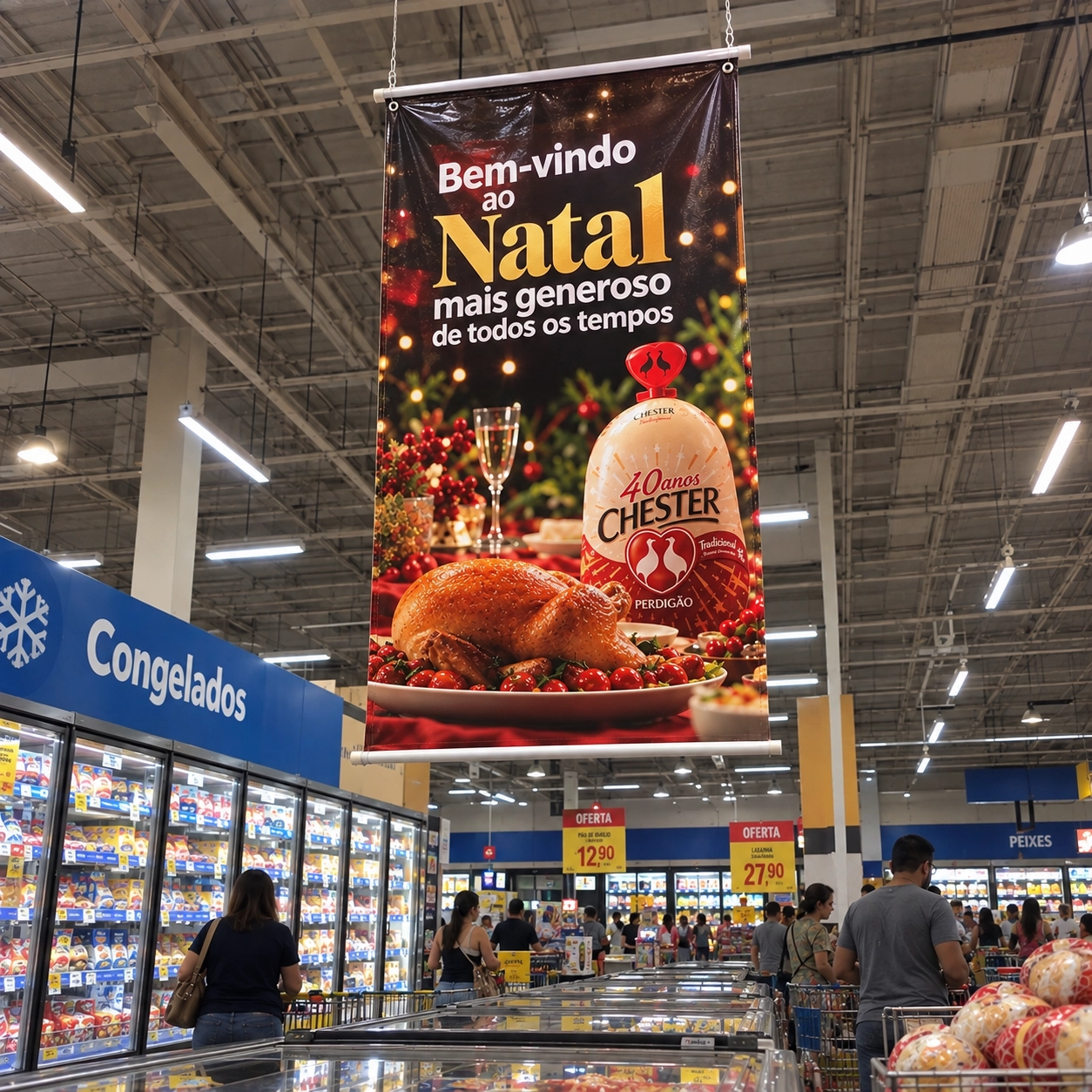 Banner em lona com ilhós e bastão pendurado no teto de um supermercado, com campanha de Natal sobre a ceia, acima das geladeiras de congelados