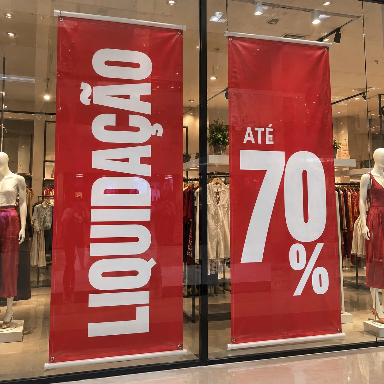 Dois banners em lona vermelhos com ilhós e bastão na vitrine de uma loja de roupas, com campanha de liquidação em até 70%