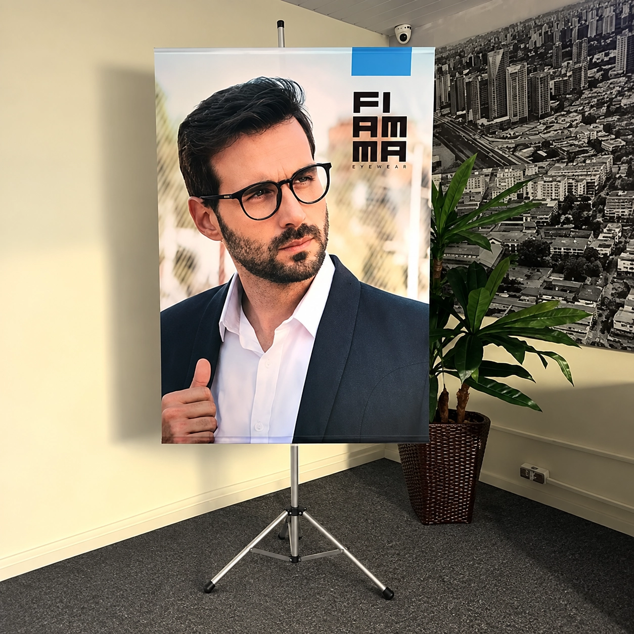 Banner em tecido personalizado da Fiamma Eyewear em tripé de alumínio