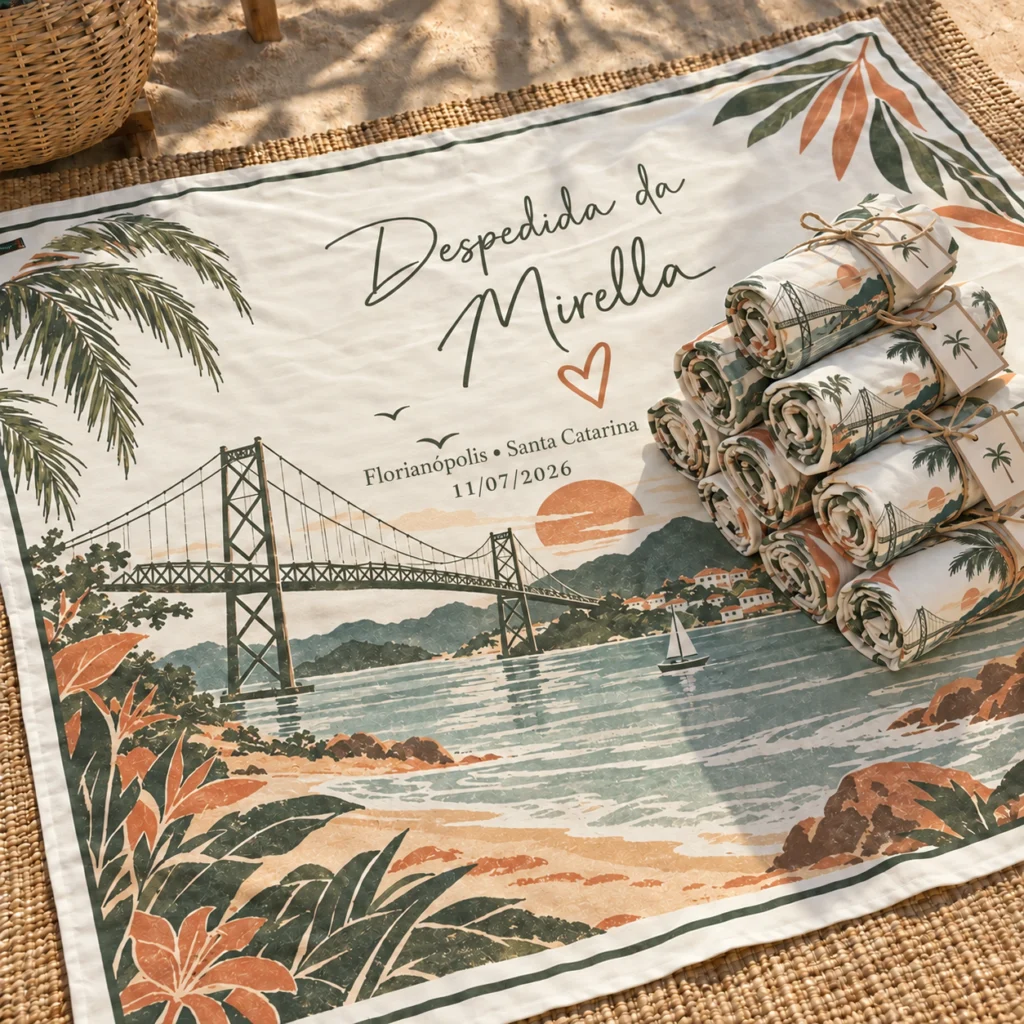 Canga personalizada para despedida de solteira com nome Mirella, estampa de Florianópolis com ponte Hercílio Luz, cangas enroladas com tag