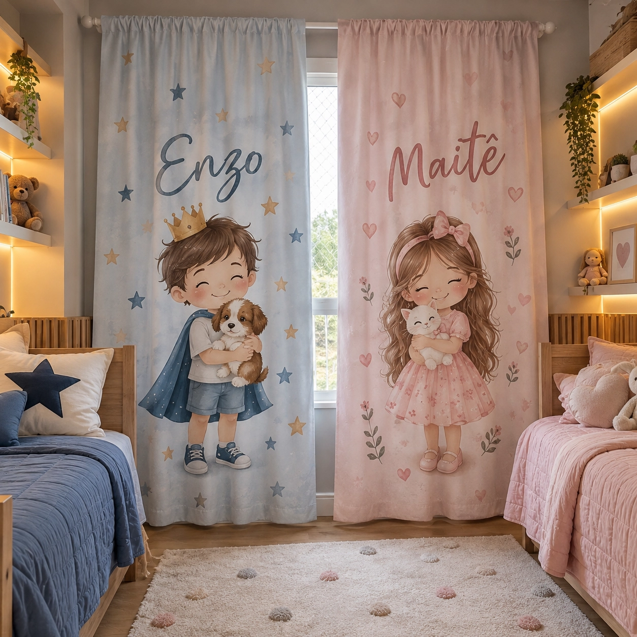 Cortinas infantis personalizadas com nome e ilustração de menino com cachorrinho em azul e de menina com gatinho em rosa, instaladas em quarto de irmãos