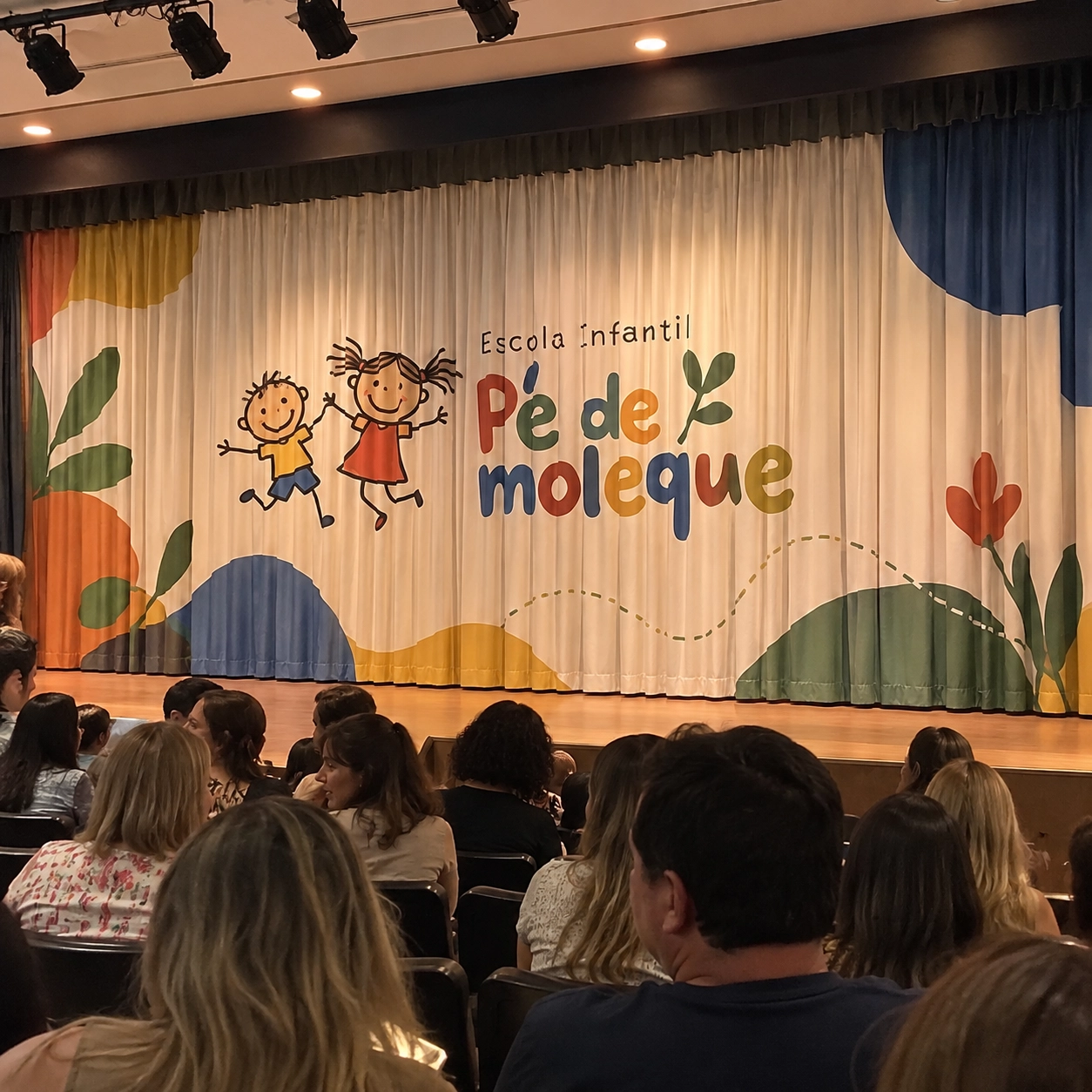 Cortina personalizada de palco da Escola Infantil Pé de Moleque, impressa em tecido com ilustrações coloridas