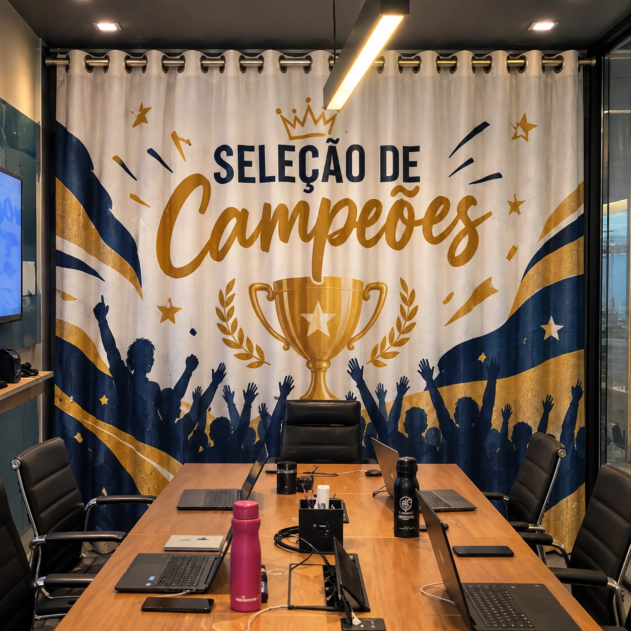 Cortina personalizada para empresa em sala de reunião, impressa em tecido com a arte Seleção de Campeões em azul e dourado