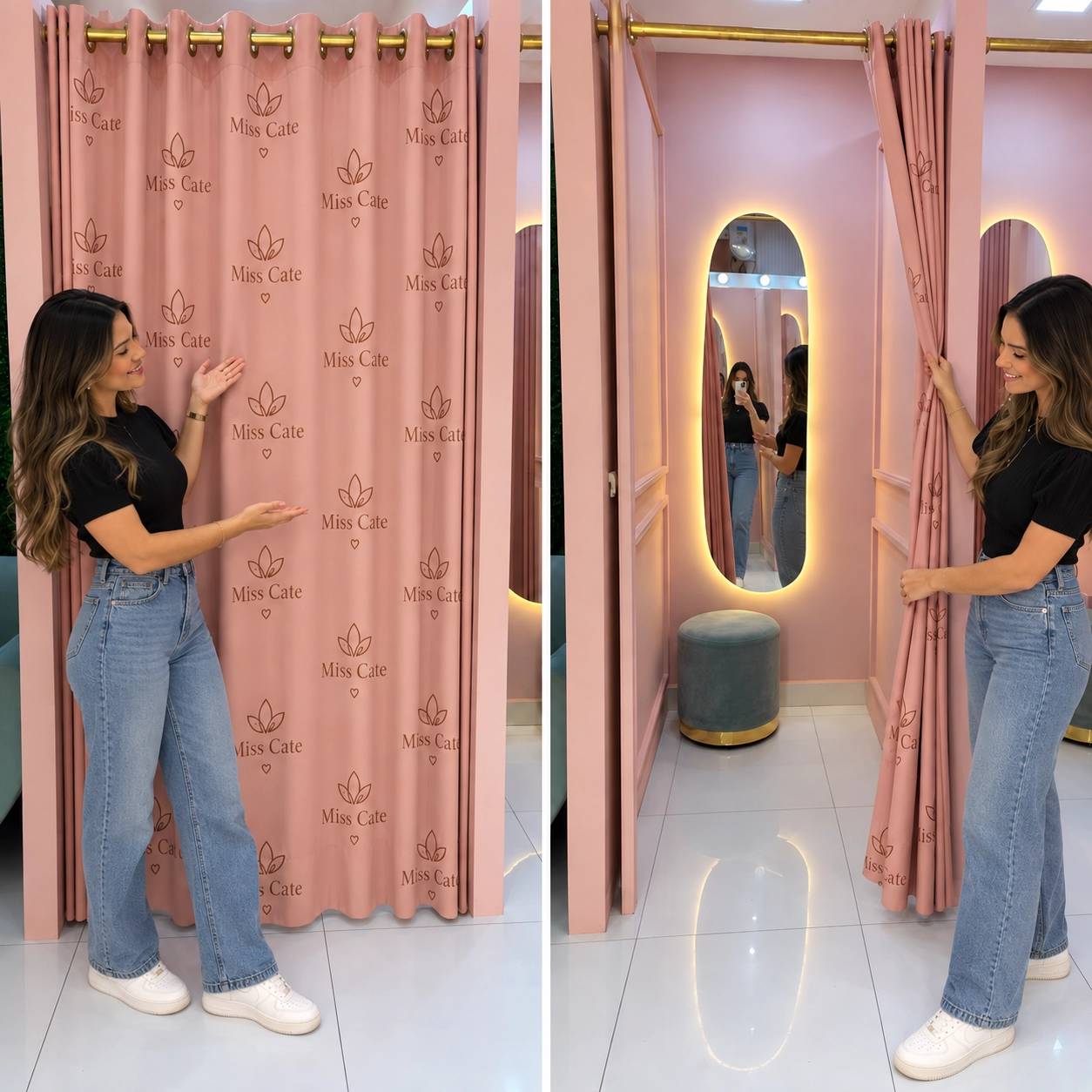 Cortina de provador personalizada com a logo da loja Miss Cate estampada em tecido rosa, com ilhós dourados