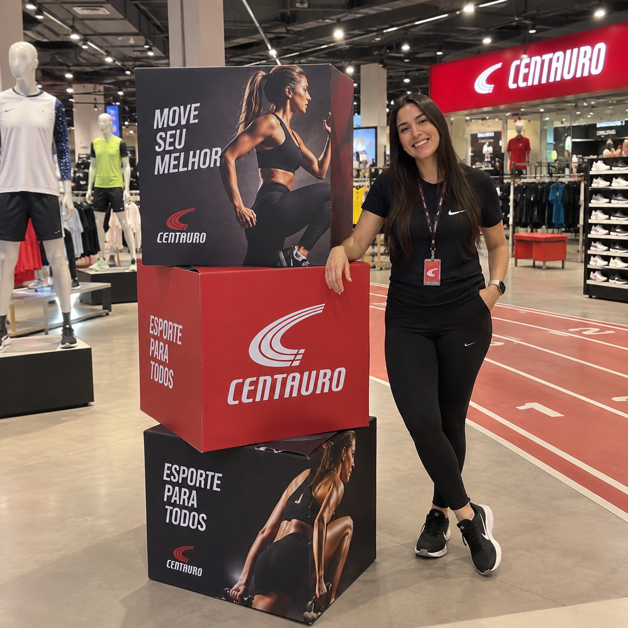 Cubo promocional gigante: três cubos grandes empilhados, impressos com arte de campanha, em loja de artigos esportivos