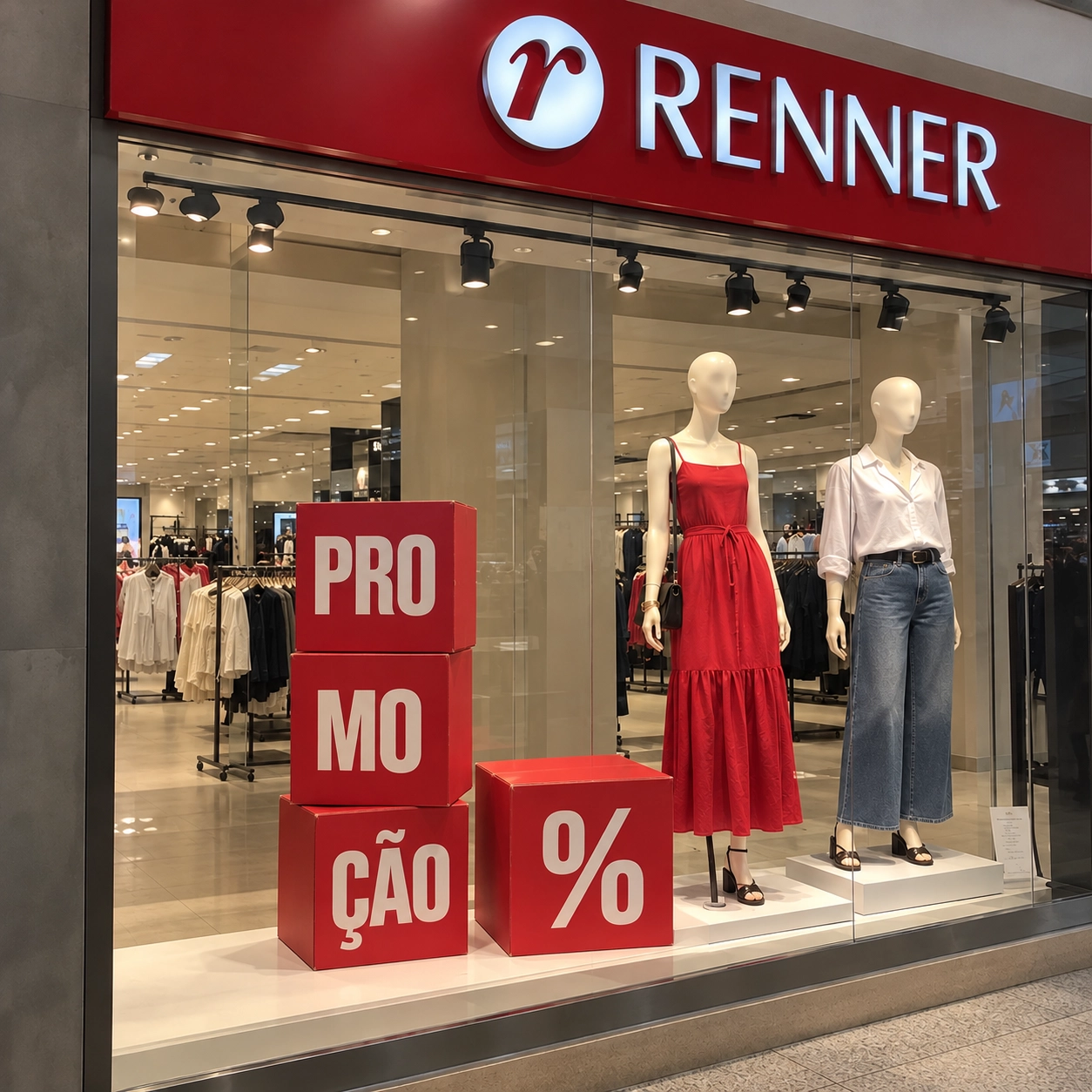 Cubo promocional para PDV em vitrine de loja de roupas, com cubos vermelhos empilhados formando a palavra promoção e o símbolo de porcentagem
