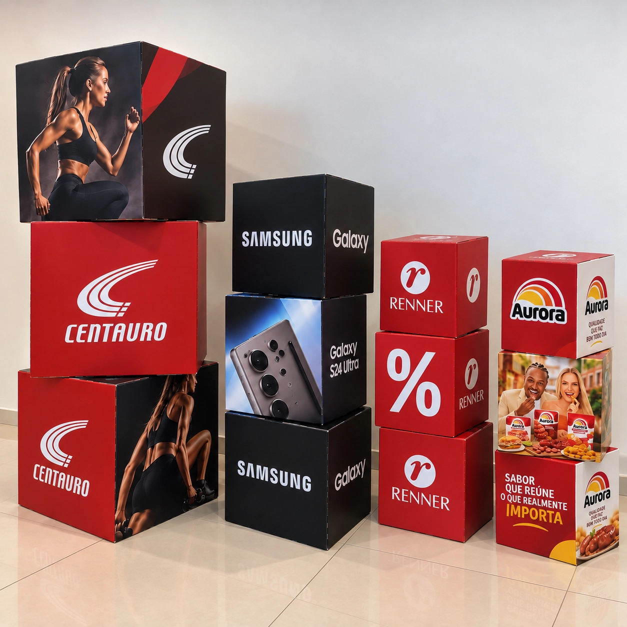 Cubo promocional personalizado: quatro conjuntos de cubos empilhados, impressos com logomarcas e imagens de campanhas diferentes