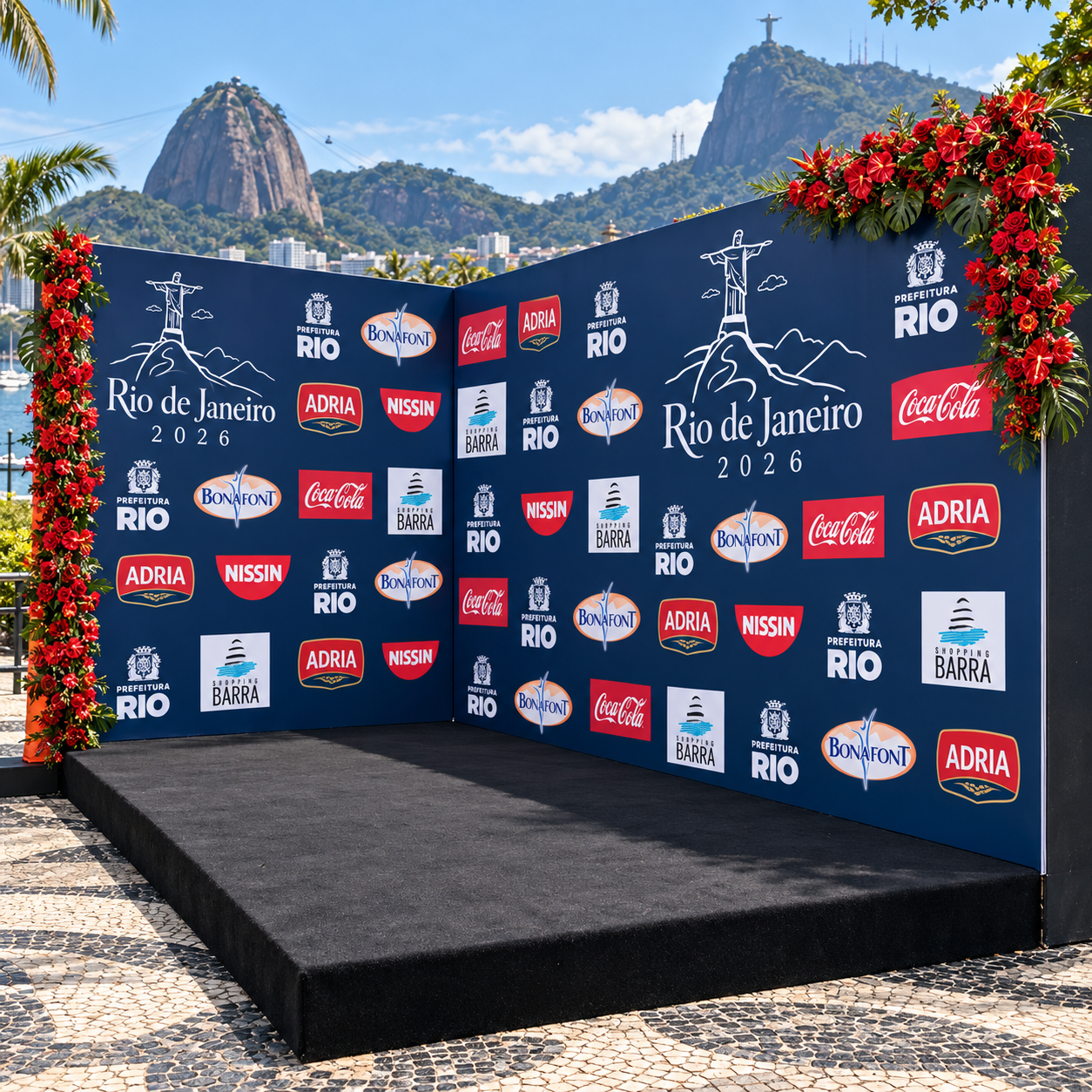 Backdrop com logo personalizado de patrocinadores para evento no Rio de Janeiro, painel step and repeat com marcas e vista para o Cristo Redentor