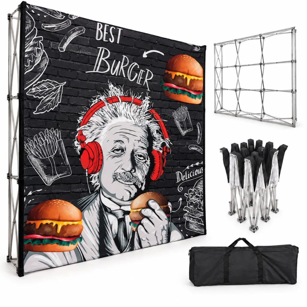 Backdrop retrátil personalizado com estampa Best Burger, estrutura e bolsa de transporte