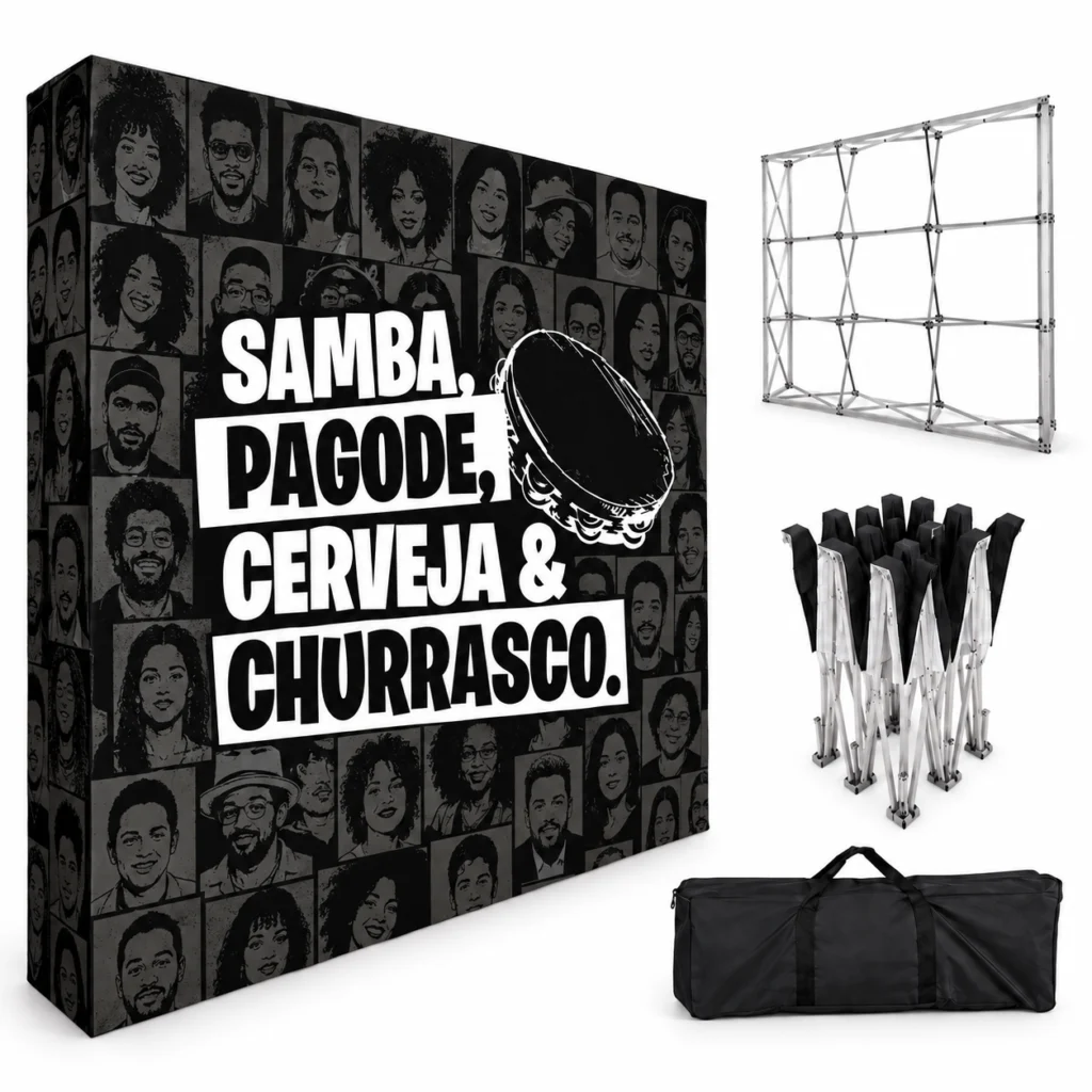Detalhe do backdrop retrátil personalizado com estampa Samba, Pagode, Cerveja e Churrasco