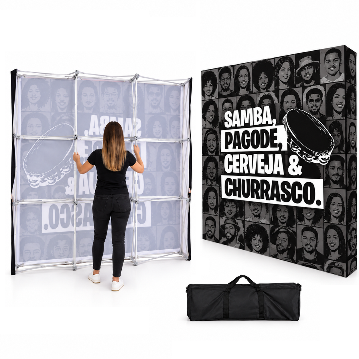 Backdrop retrátil personalizado estampado em preto e branco com acabamento sublimado, modelo pop-up com estrutura retrátil dobrável