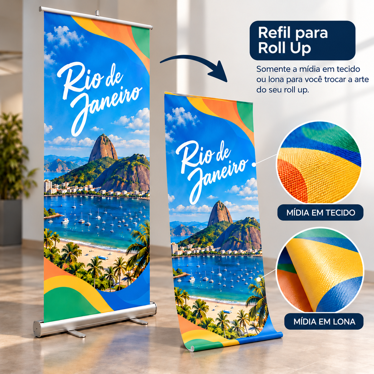 Refil para roll up: mídia impressa em tecido ou lona sendo trocada em um roll up, com arte do Rio de Janeiro
