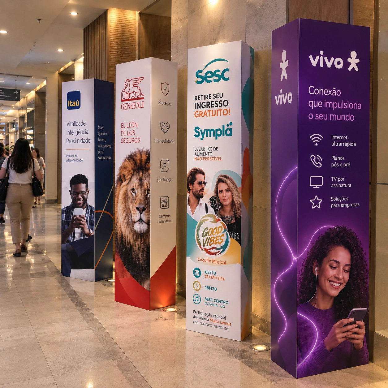 Totens triedro para eventos alinhados em corredor de shopping, com artes personalizadas de patrocinadores e programação de evento