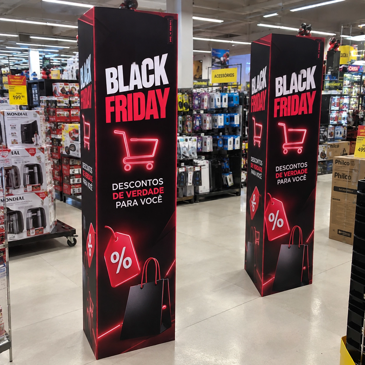 Totem triedro para PDV com campanha de Black Friday em preto e vermelho, exposto no corredor de uma loja de varejo